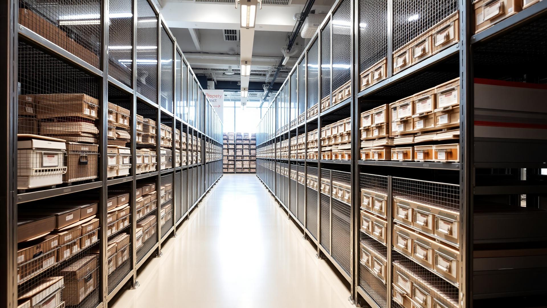 High-density mobile archive shelving in a corporate storage room